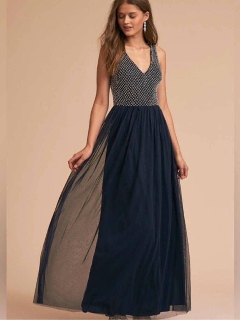 NWT Adrianna Papell Navy Maxi Gown with Beaded Bodice SIZE 8